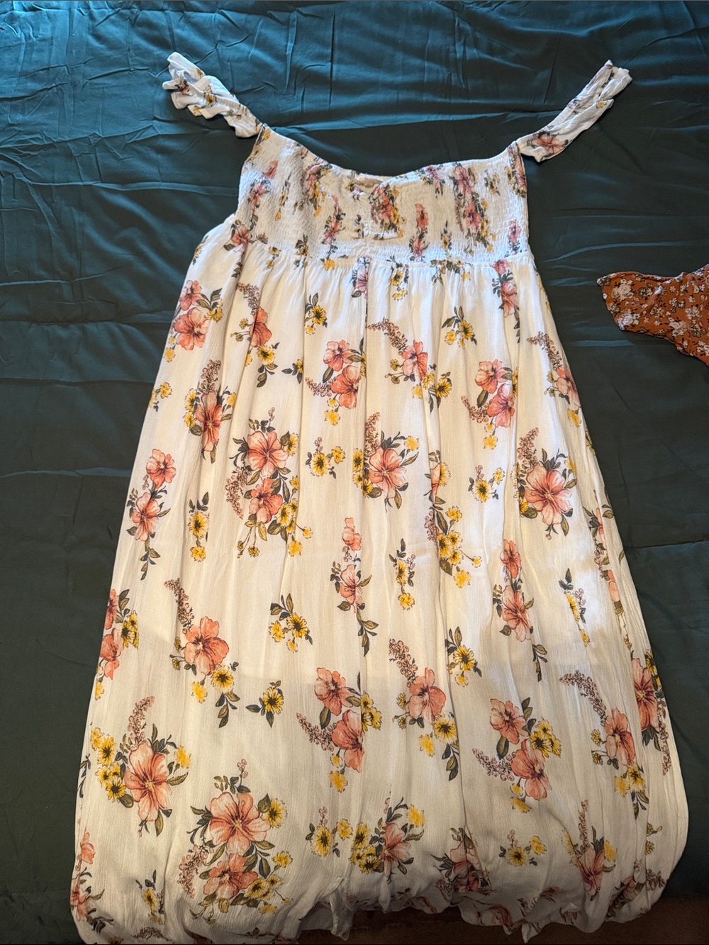 Smocked Off-Shoulder White Maxi Dress with Pink & Yellow Floral Print